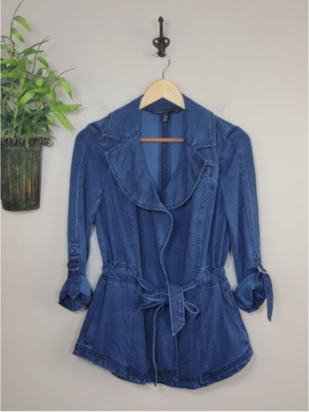 WHBM 0 Denim Lyocell Soft Jacket Tie Belted Waist Roll Tab Sleeves Indigo Blue